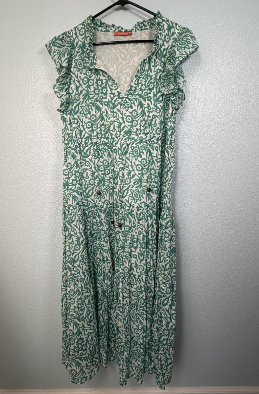 Oliphant Womens M Teal White Floral Block Print Cotton Maxi Dress Ruffle